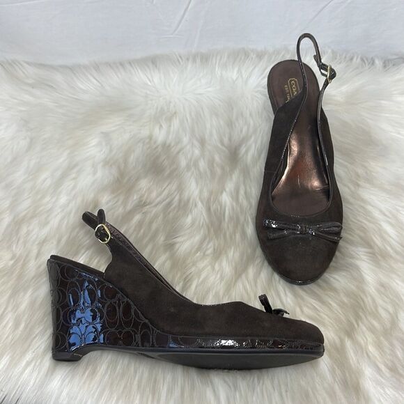 Coach Aligra Brown Suede Bow Trim Monogram Wedge Slingback Sz 11 - Picture 1 of 6